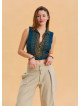 Shirt Collar Button Detailed Petrol Ethnic Blouse 4630